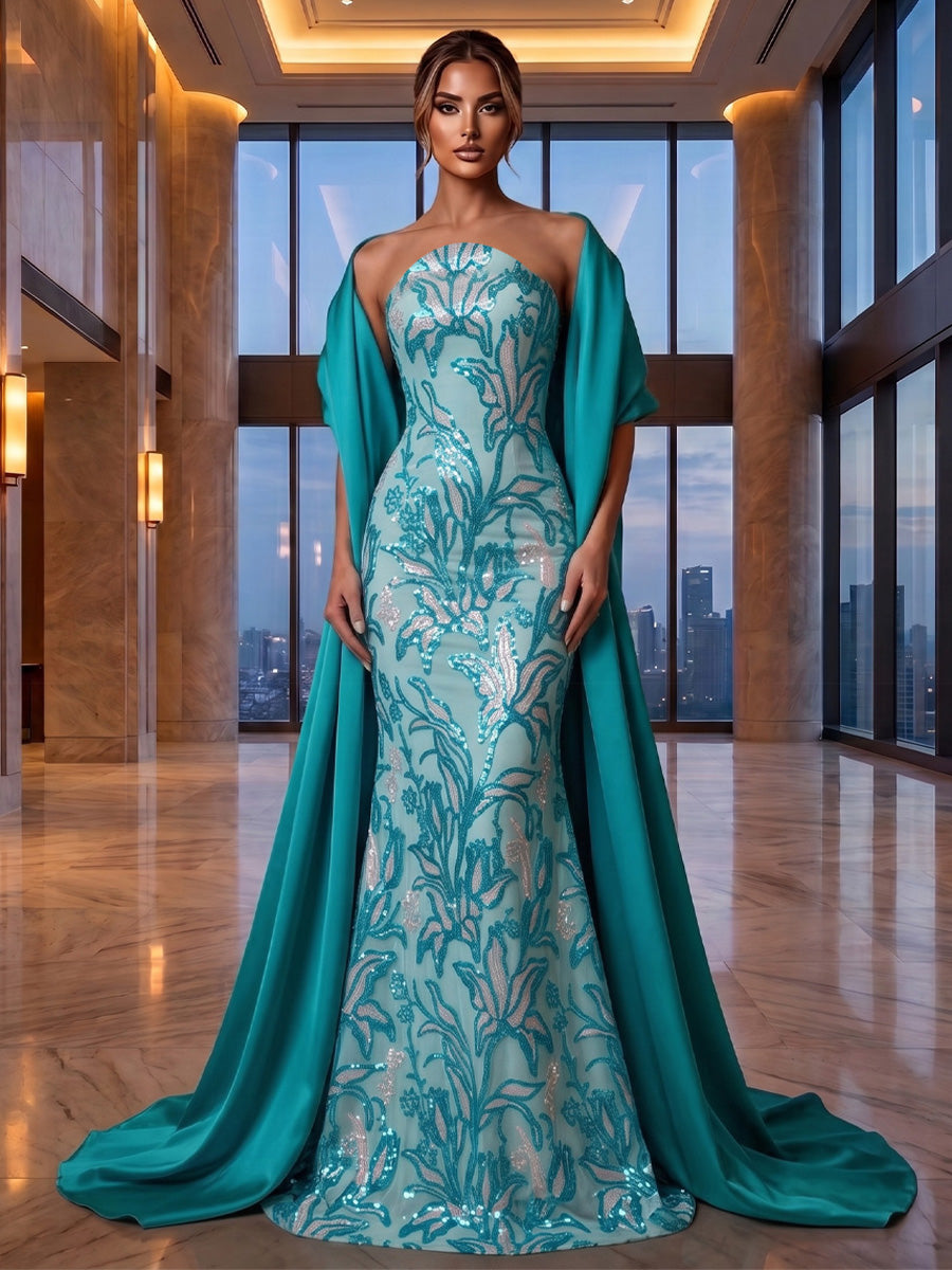 Sequin Floral Sheath/Column Strapless Maxi Evening Dresses with Satin Sweep Train