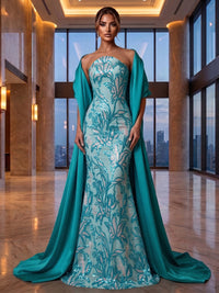 Sequin Floral Sheath/Column Strapless Maxi Evening Dresses with Satin Sweep Train