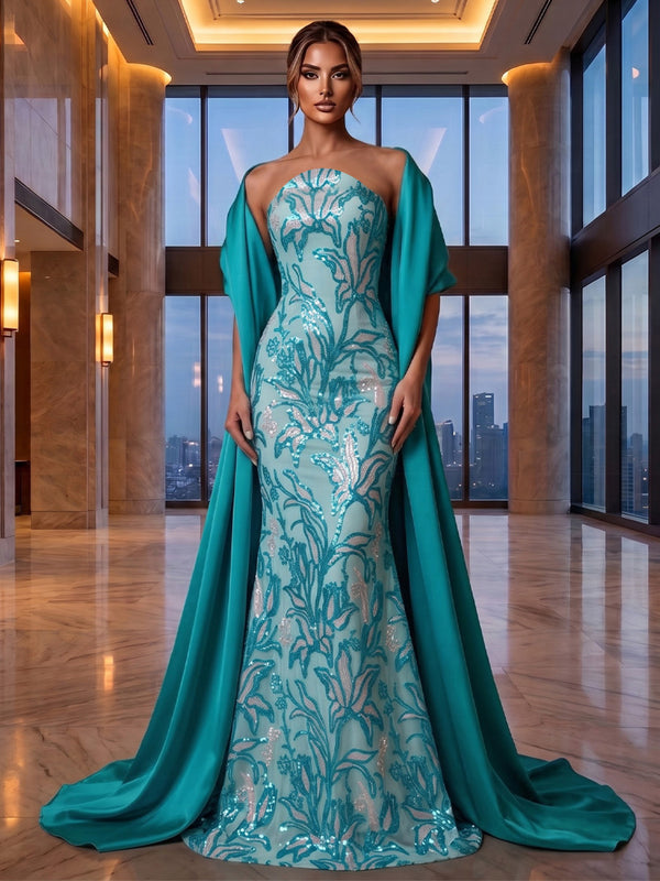 Sequin Floral Sheath/Column Strapless Maxi Evening Dresses with Satin Sweep Train