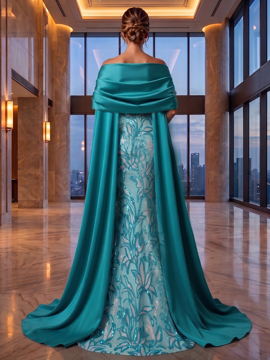 Sequin Floral Sheath/Column Strapless Maxi Evening Dresses with Satin Sweep Train