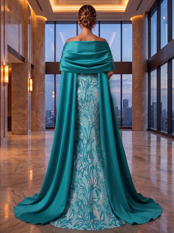 Sequin Floral Sheath/Column Strapless Maxi Evening Dresses with Satin Sweep Train