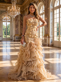 Sequin Floral Mermaid/Trumpet Strapless Maxi Evening Dresses with Tiered Layers & 3D Flowers