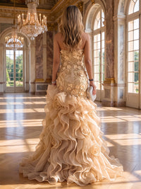Sequin Floral Mermaid/Trumpet Strapless Maxi Evening Dresses with Tiered Layers & 3D Flowers