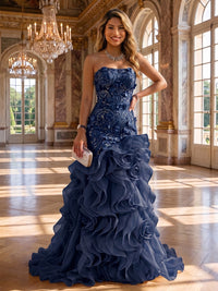 Sequin Floral Mermaid/Trumpet Strapless Maxi Evening Dresses with Tiered Layers & 3D Flowers