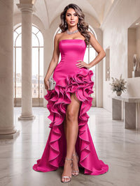 Stretch Jersey Mermaid/Trumpet Strapless High-Low Evening Dresses with Ruffles