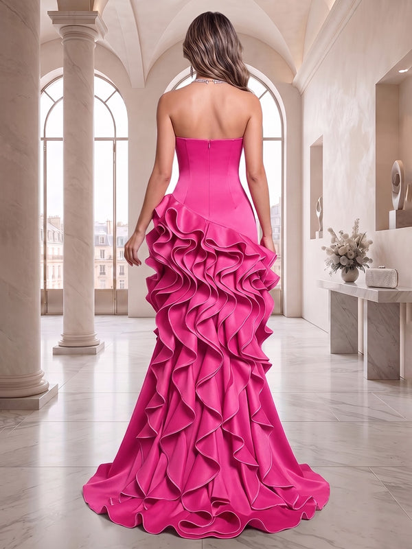 Stretch Jersey Mermaid/Trumpet Strapless High-Low Evening Dresses with Ruffles