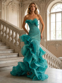 Organza Mermaid/Trumpet Strapless Maxi Evening Dresses with Ruffles & Ruched Waist