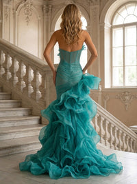Organza Mermaid/Trumpet Strapless Maxi Evening Dresses with Ruffles & Ruched Waist