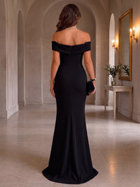 Stretch Jersey Sheath/Column Off Shoulder Maxi Evening Dresses with Slit