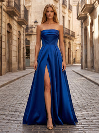Satin A-Line/Princess Strapless Maxi Evening Dresses with Pleats & Slit