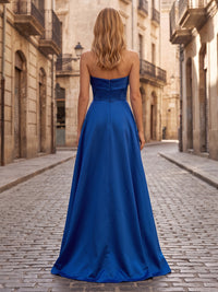Satin A-Line/Princess Strapless Maxi Evening Dresses with Pleats & Slit