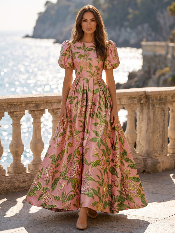 Jacquard A-Line/Princess Scoop Neck Maxi Evening Dresses with Pleats