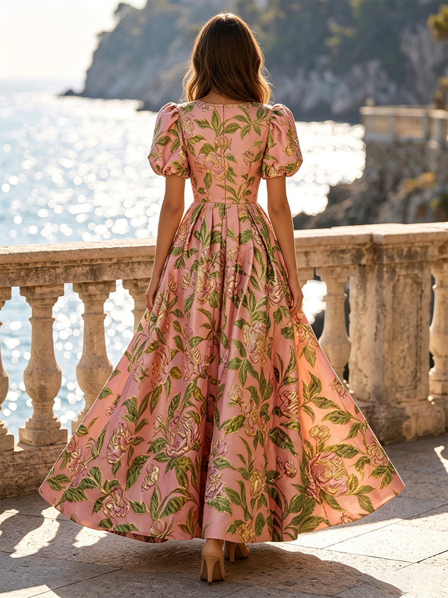 Jacquard A-Line/Princess Scoop Neck Maxi Evening Dresses with Pleats