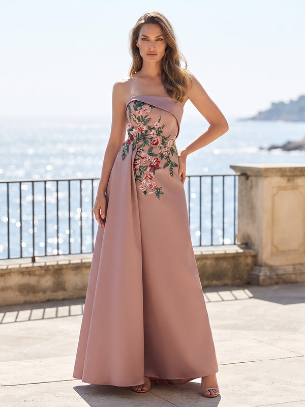 Satin A-Line/Princess Strapless Maxi Evening Dresses with Floral Embroidery