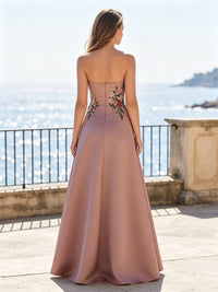 Satin A-Line/Princess Strapless Maxi Evening Dresses with Floral Embroidery