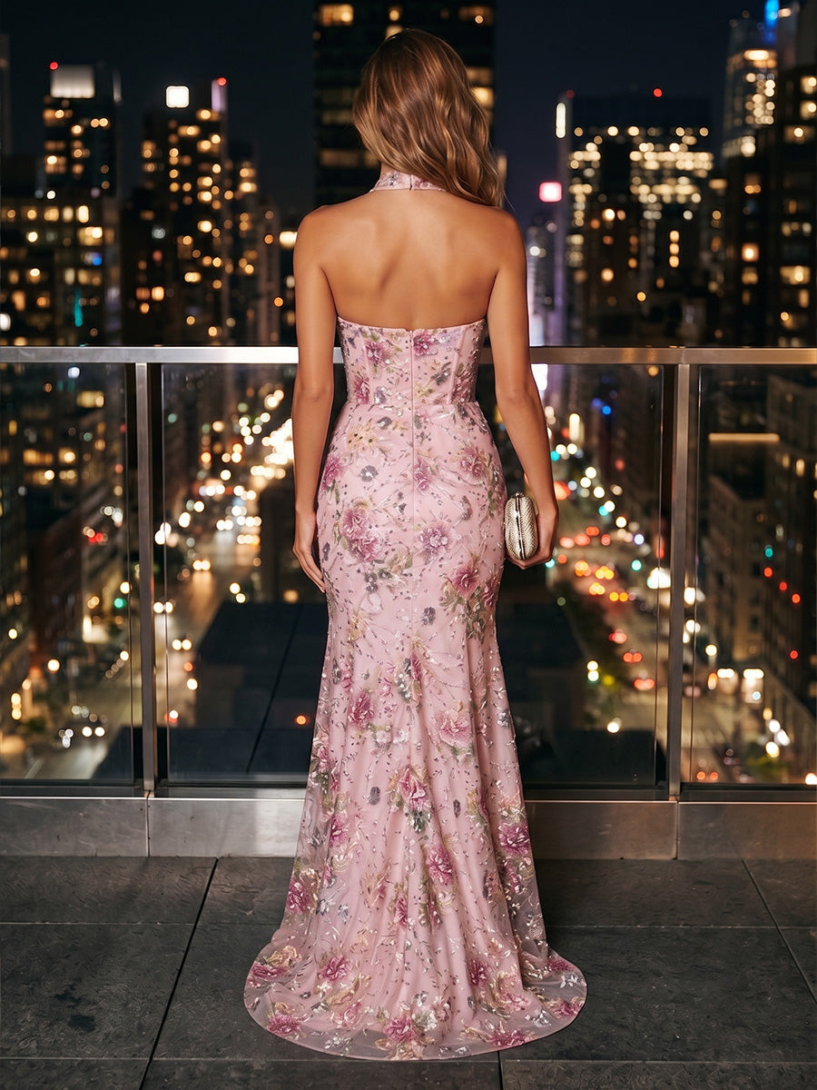 Sequin Floral Sheath/Column Halter Maxi Evening Dresses with Corset Bodice & Slit
