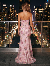 Sequin Floral Sheath/Column Halter Maxi Evening Dresses with Corset Bodice & Slit