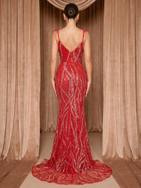 Sheath/Column V-Neck Lace Sequin Maxi Evening Dresses with Pearls & Sweep Train