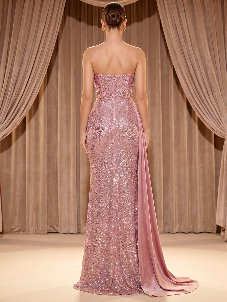 Sheath/Column Strapless Sequin Maxi Evening Dresses with Satin Sweep Side Train & High Slit