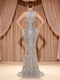 Mermaid/Trumpet Halter Sequin Floral Maxi Evening Dresses with Rhinestones & Sweep Train