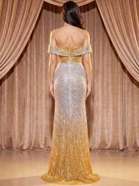 Sheath/Column Off Shoulder Sequin Maxi Evening Dresses with Rhinestones, High Slit & Sweep Train