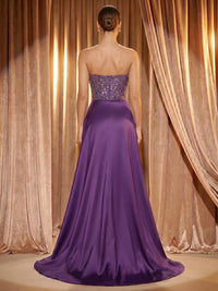 Sheath/Column Strapless Satin Maxi Evening Dresses with Ruched Waist, Sweep Train & High Slit