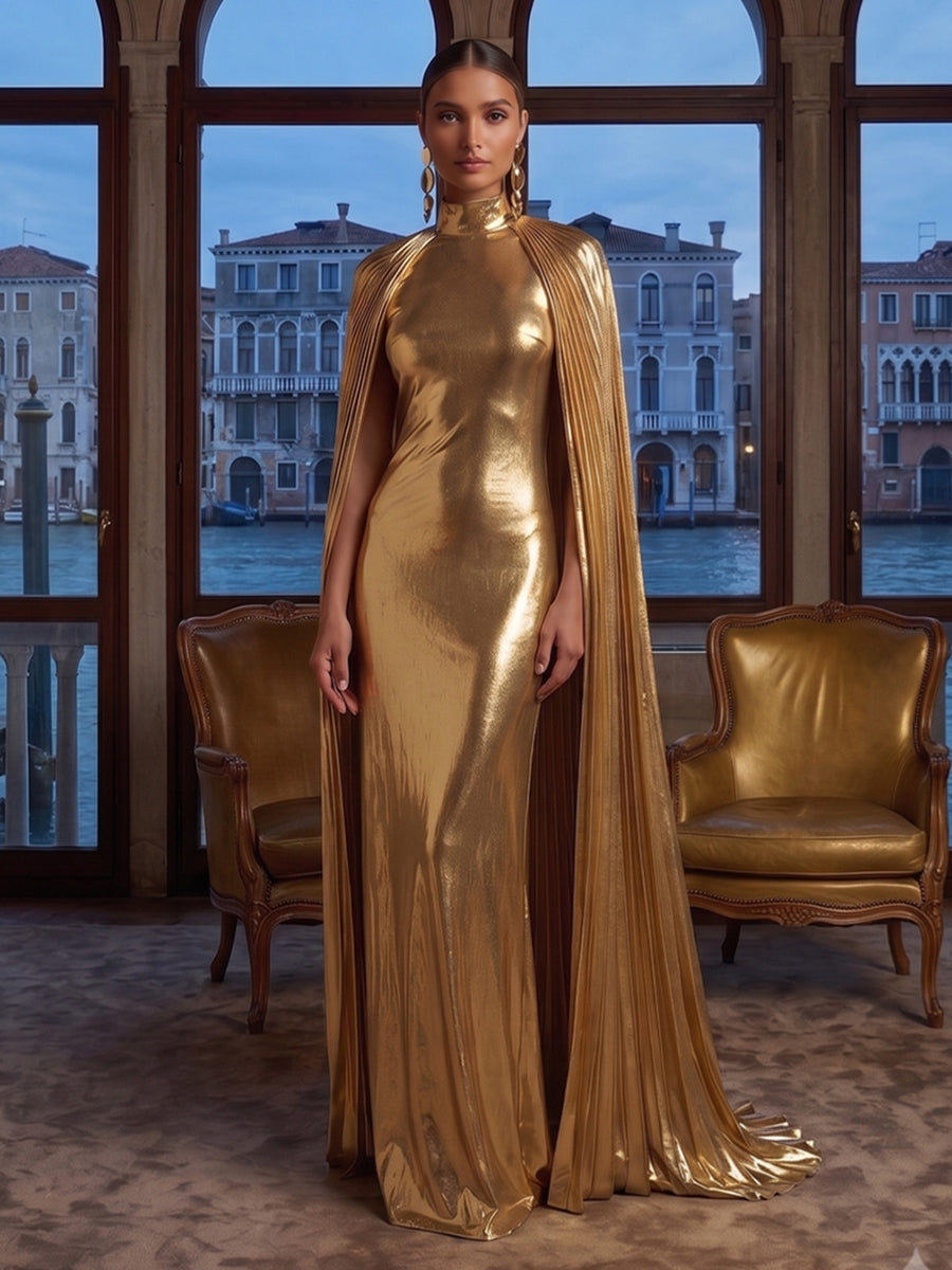 Sheath/Column High Neck Metallic Satin Maxi Evening Dresses with Pleated Cape
