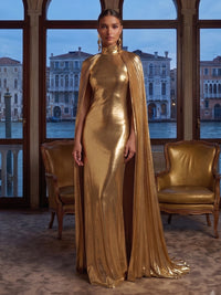 Sheath/Column High Neck Metallic Satin Maxi Evening Dresses with Pleated Cape