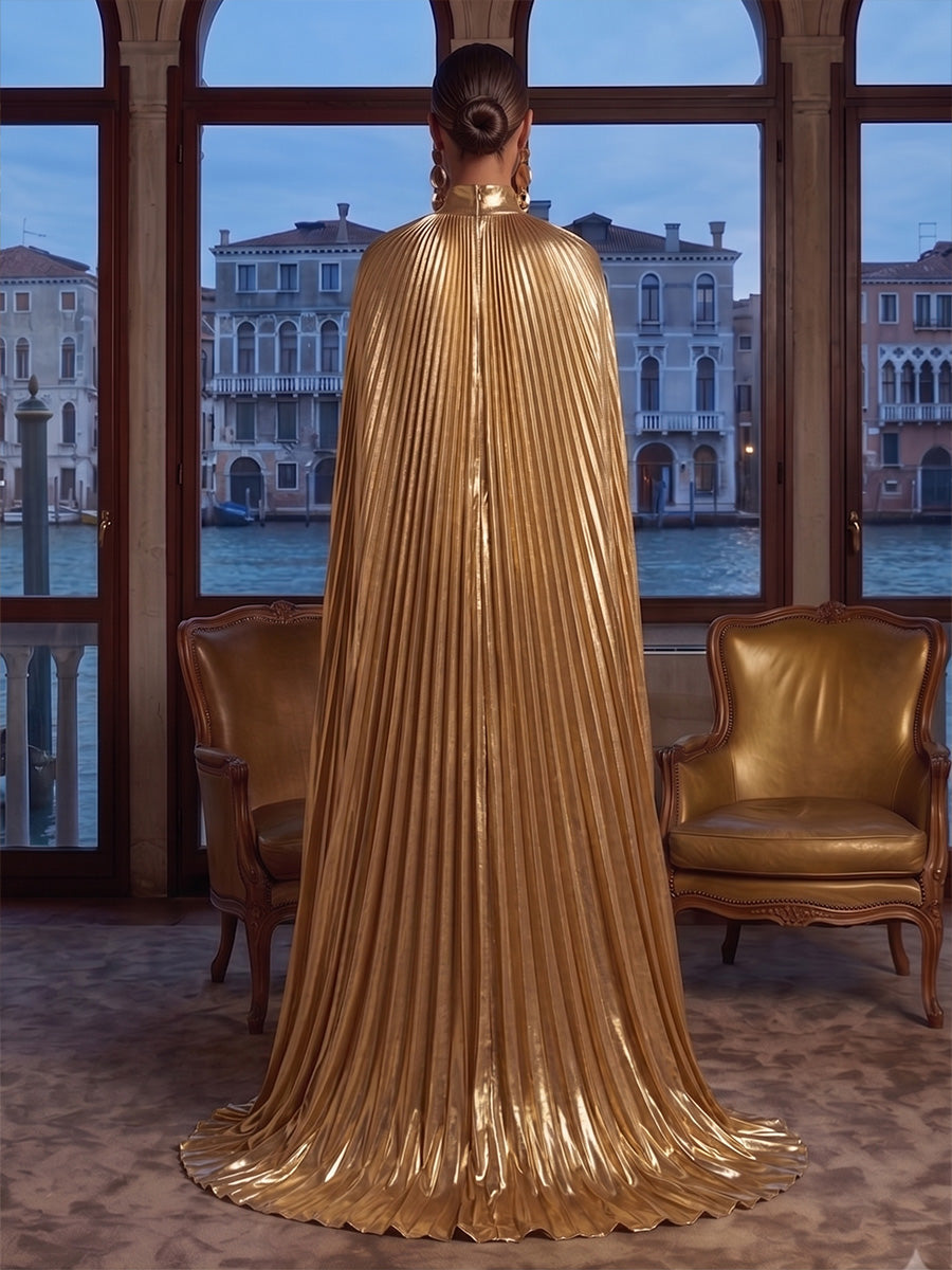 Sheath/Column High Neck Metallic Satin Maxi Evening Dresses with Pleated Cape