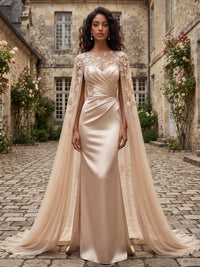 Sheath/Column Scoop Neck Satin Maxi Evening Dresses with Lace Appliques & Ruched Waist