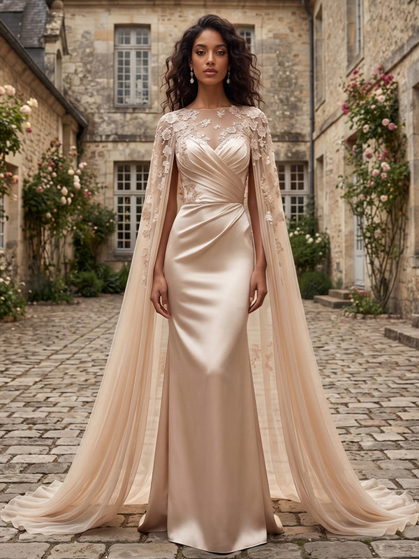 Sheath/Column Scoop Neck Satin Maxi Evening Dresses with Lace Appliques & Ruched Waist