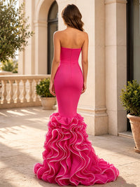 Mermaid/Trumpet Strapless Stretch Jersey Maxi Evening Dresses with Tiered Layers & Ruffles