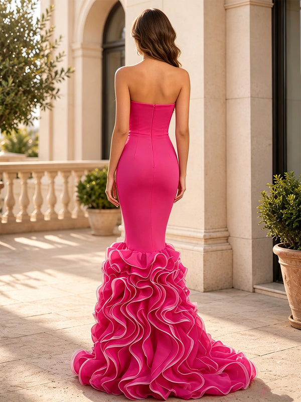 Mermaid/Trumpet Strapless Stretch Jersey Maxi Evening Dresses with Tiered Layers & Ruffles