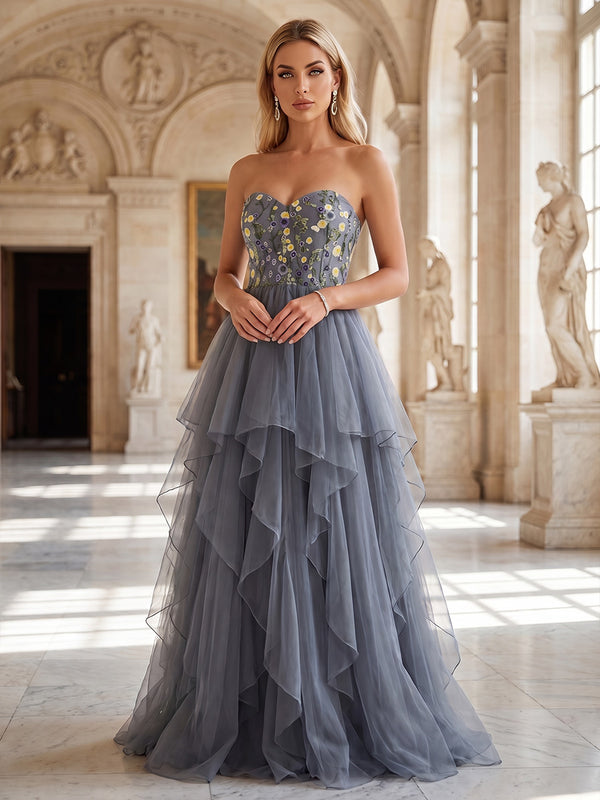 A-Line/Princess Strapless Tulle Maxi Evening Dresses with Floral Embroidery Bust & Ruffles