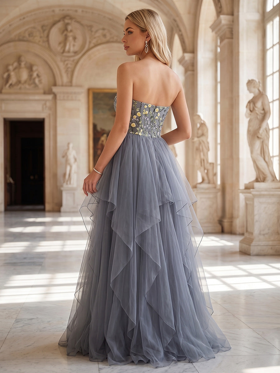 A-Line/Princess Strapless Tulle Maxi Evening Dresses with Floral Embroidery Bust & Ruffles