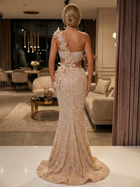 Mermaid/Trumpet One Shoulder Sequin Maxi Evening Dresses with 3D Flowers & Slit