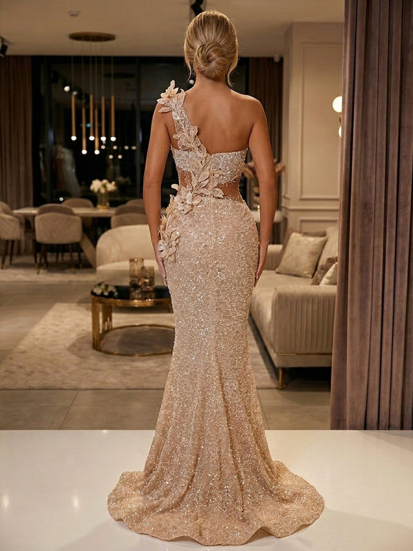 Mermaid/Trumpet One Shoulder Sequin Maxi Evening Dresses with 3D Flowers & Slit