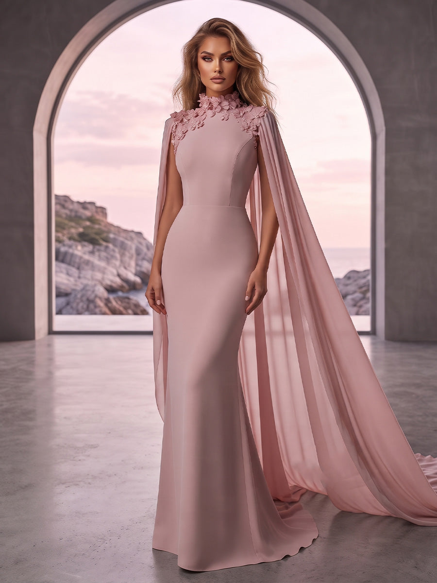 Sheath/Column High Neck Stretch Jersey Maxi Evening Dresses with 3D Flowers & Sweep Train
