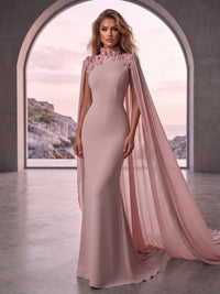 Sheath/Column High Neck Stretch Jersey Maxi Evening Dresses with 3D Flowers & Sweep Train