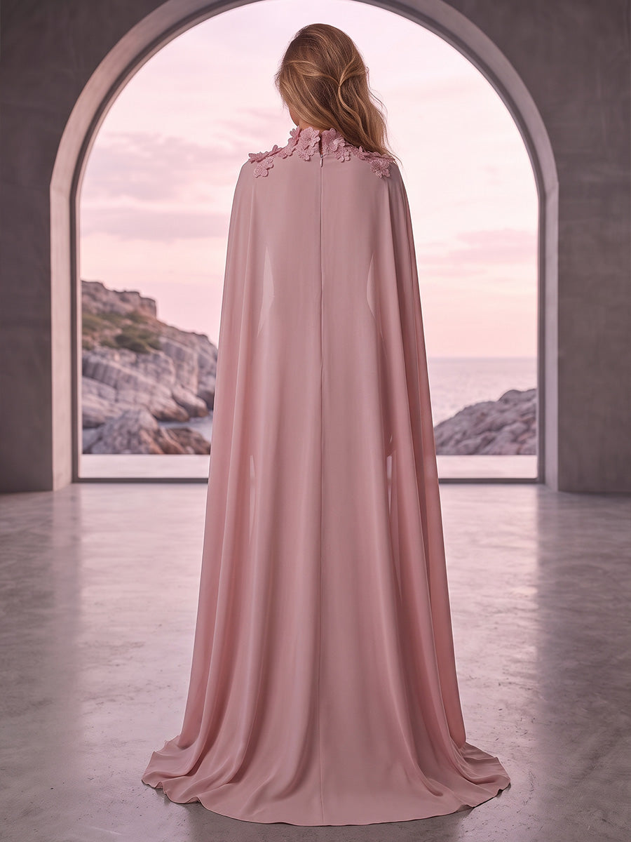 Sheath/Column High Neck Stretch Jersey Maxi Evening Dresses with 3D Flowers & Sweep Train