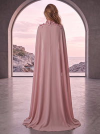 Sheath/Column High Neck Stretch Jersey Maxi Evening Dresses with 3D Flowers & Sweep Train