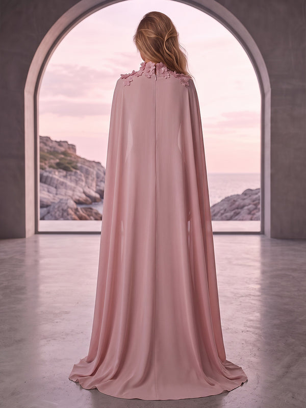 Sheath/Column High Neck Stretch Jersey Maxi Evening Dresses with 3D Flowers & Sweep Train