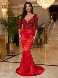 Mermaid/Trumpet V-Neck Satin Maxi Evening Dresses with Sequin Bodice & Ruched Waist
