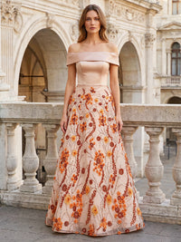 A-Line/Princess Off Shoulder Floral Embroidery Maxi Evening Dresses with 3D Flowers