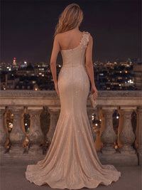 Mermaid/Trumpet One Shoulder Glitter Maxi Evening Dresses with 3D Flowers & Sweep Train