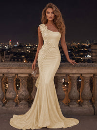 Mermaid/Trumpet One Shoulder Glitter Maxi Evening Dresses with 3D Flowers & Sweep Train