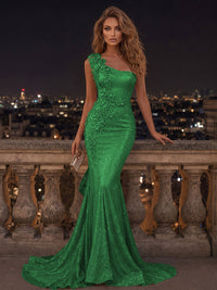Mermaid/Trumpet One Shoulder Glitter Maxi Evening Dresses with 3D Flowers & Sweep Train