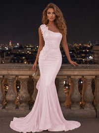 Mermaid/Trumpet One Shoulder Glitter Maxi Evening Dresses with 3D Flowers & Sweep Train
