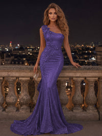 Mermaid/Trumpet One Shoulder Glitter Maxi Evening Dresses with 3D Flowers & Sweep Train