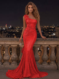 Mermaid/Trumpet One Shoulder Glitter Maxi Evening Dresses with 3D Flowers & Sweep Train